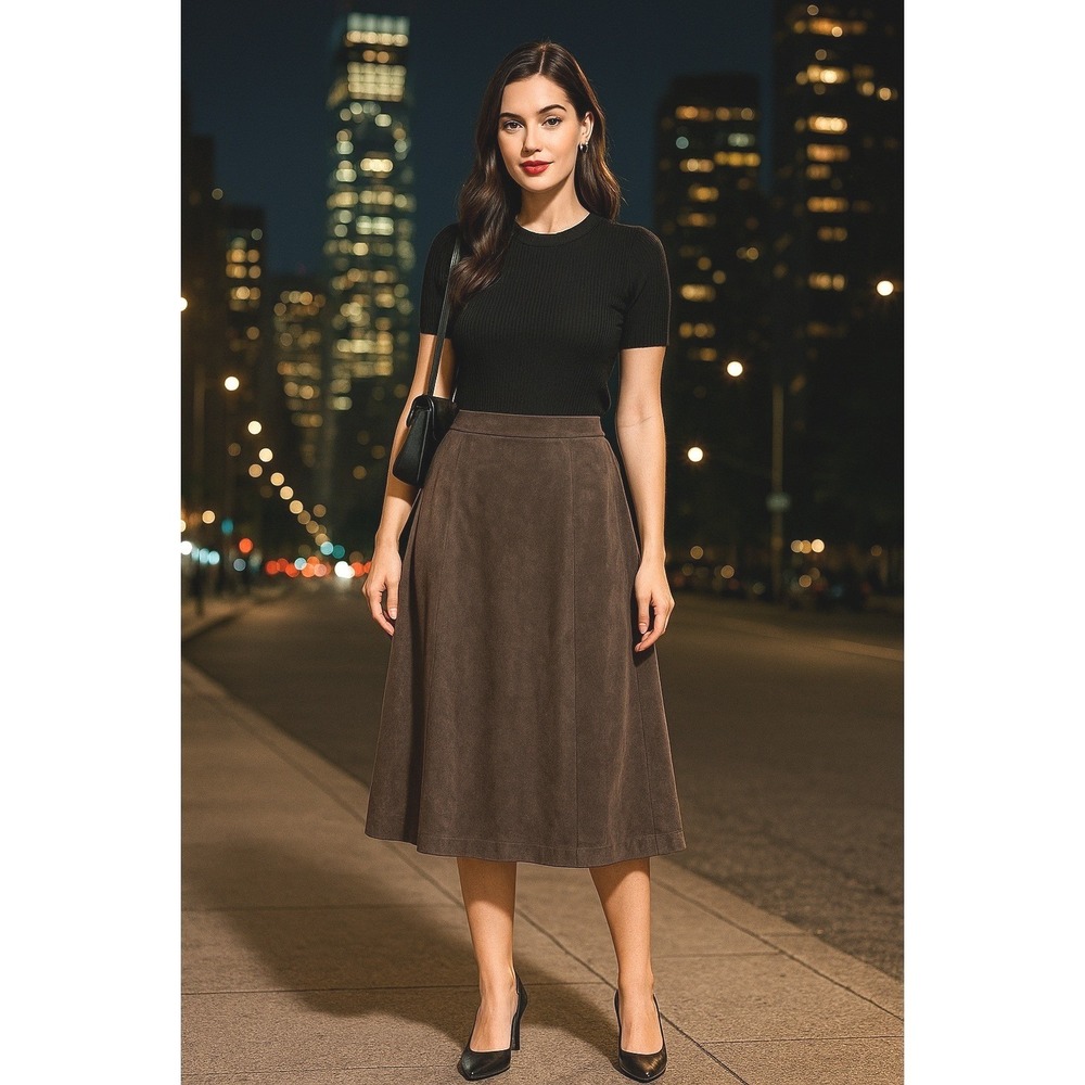 Sigrid Olsen Sport Faux Suede Skirt L Brown A-Line Lined‎ Soft Stretch Old Money
